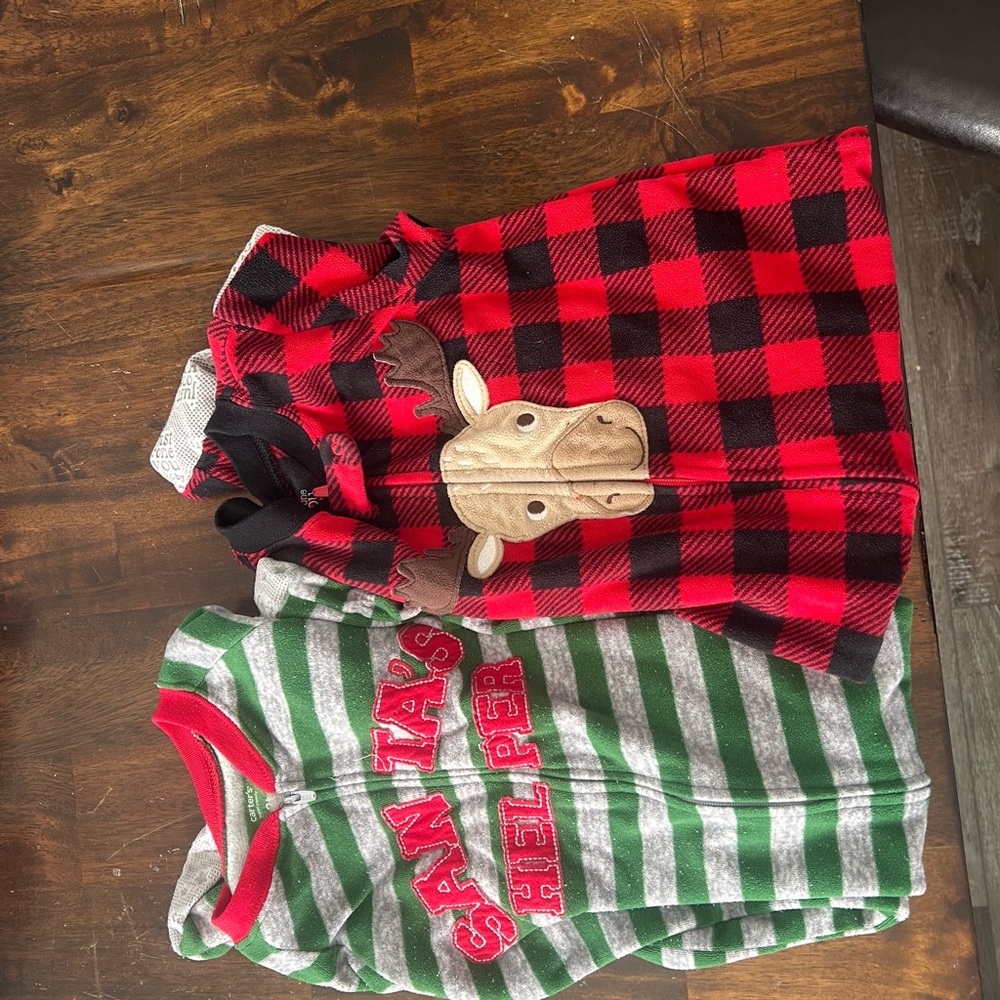 Plaid Moose and green striped Santa’s helper 2T footie pjs
